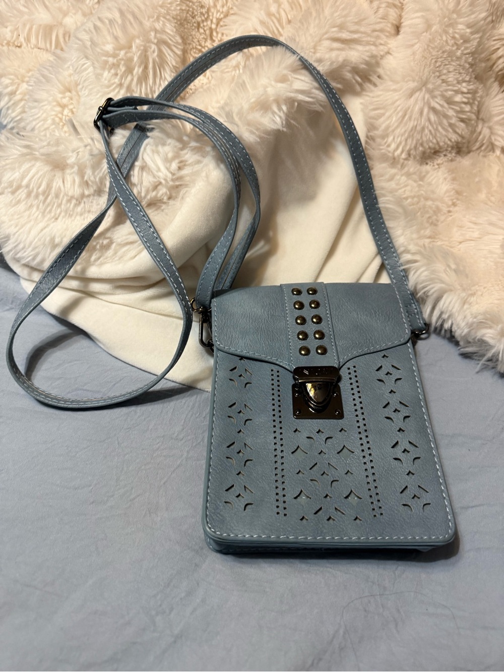 Minicat Leather Light Blue Crossbody Phone Bag with Studded Flap